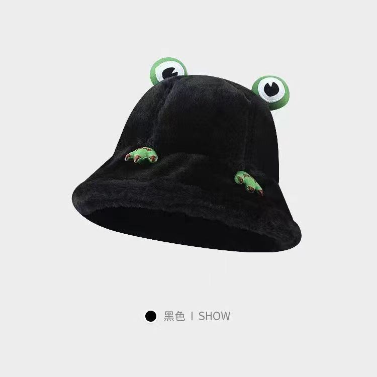 卡通羊羔绒盆帽女2023冬季加绒保暖显脸小青蛙渔夫帽网红毛绒帽女详情5
