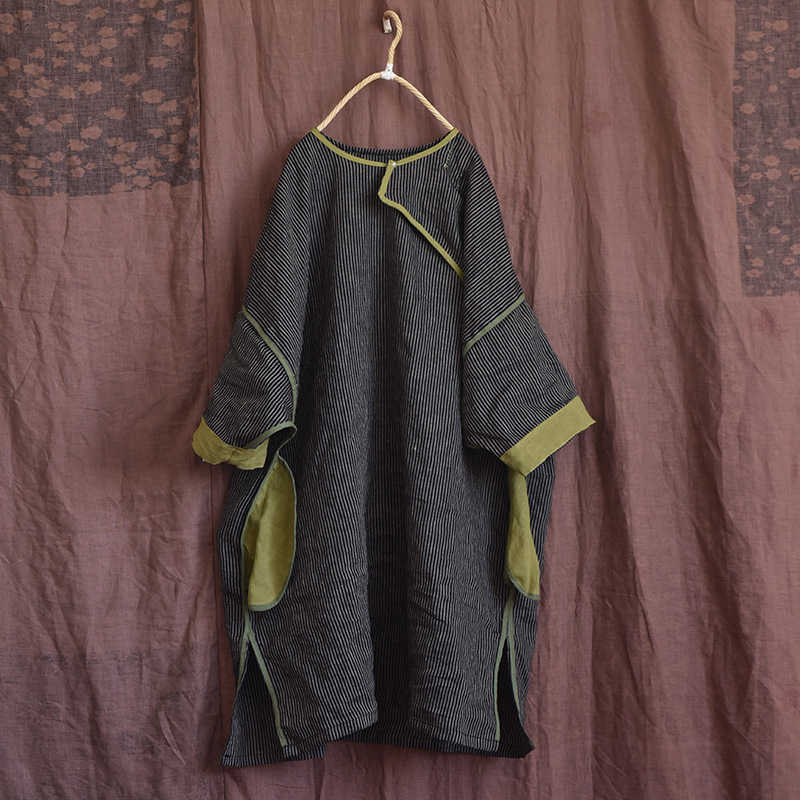 Hyacinth/Original striped contrasting color diagonal lapel hand-sewn button-up retro loose robe patchwork mid-length dress pic 16