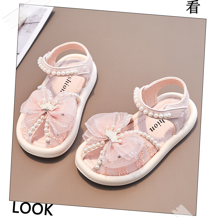 儿童小中大童鱼嘴凉鞋2023年夏季女童珍珠蝴蝶结水钻皇冠公主凉鞋详情11