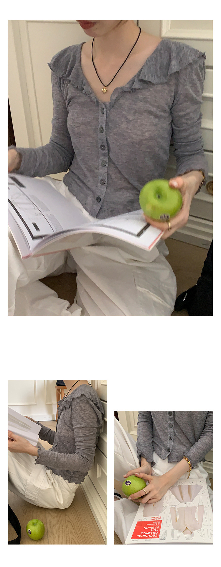 【法式别致的】木耳边V领T恤女2023秋季新款休闲百搭长袖开衫上衣详情21