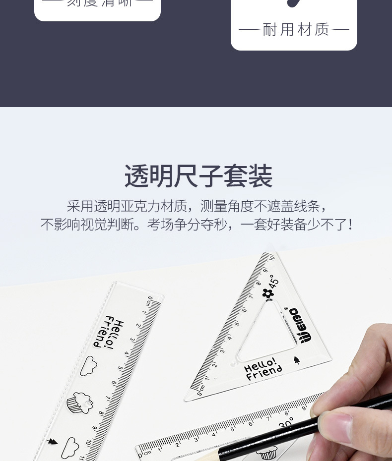 新款卡通套尺4件套简约透明塑料尺子学生考试绘图用品文具批发详情3