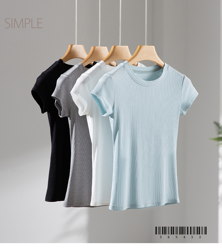 韩版简约针织短袖T恤女夏季新款小众设计感修身百搭圆领纯色上衣详情6