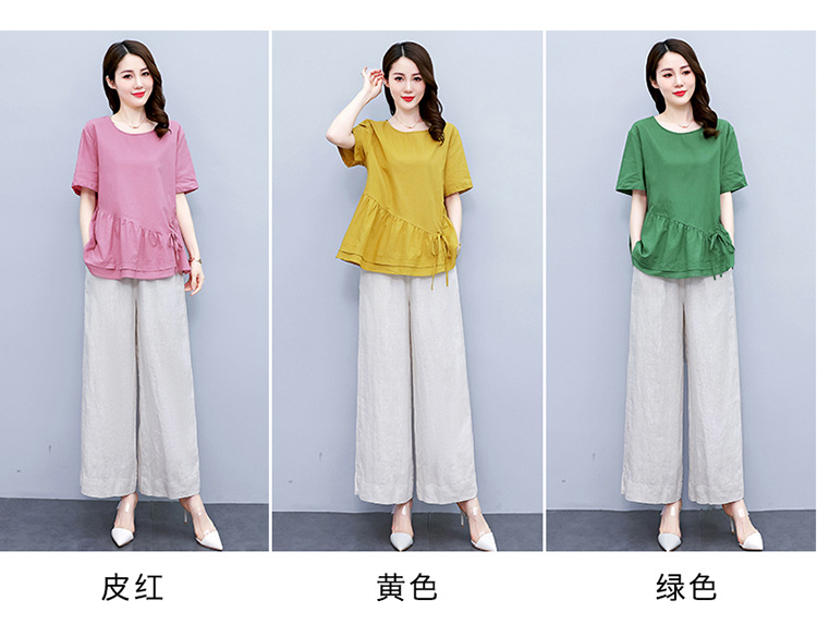 2022新款女装夏季两件套裤宽松大码上衣棉麻阔腿裤休闲时尚套装女详情6