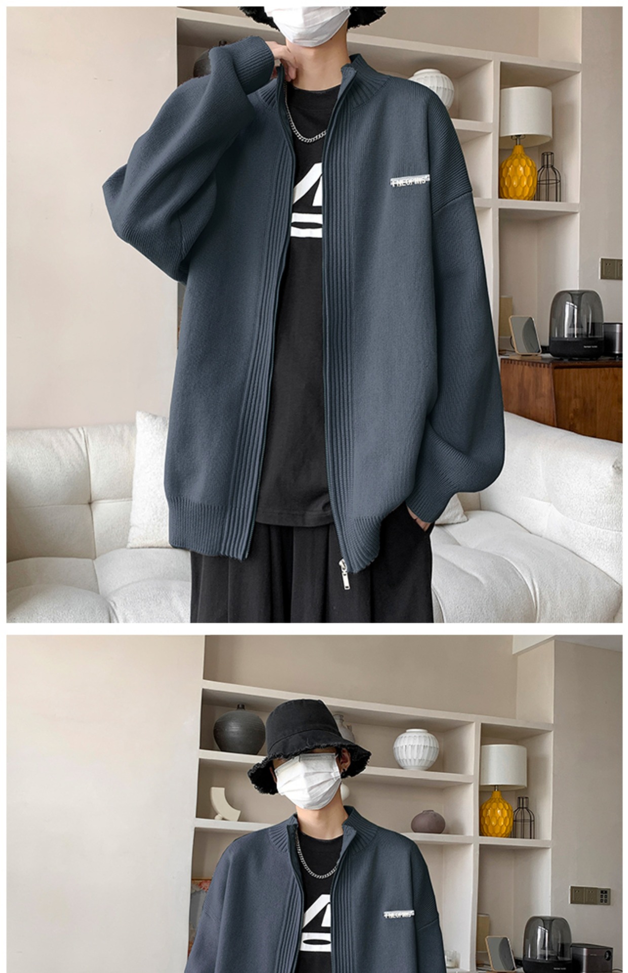 Laid-back style zipper sweater for men, autumn and winter American stand-up collar cardigan, loose trendy couple knitted sweater, casual coat pic 14