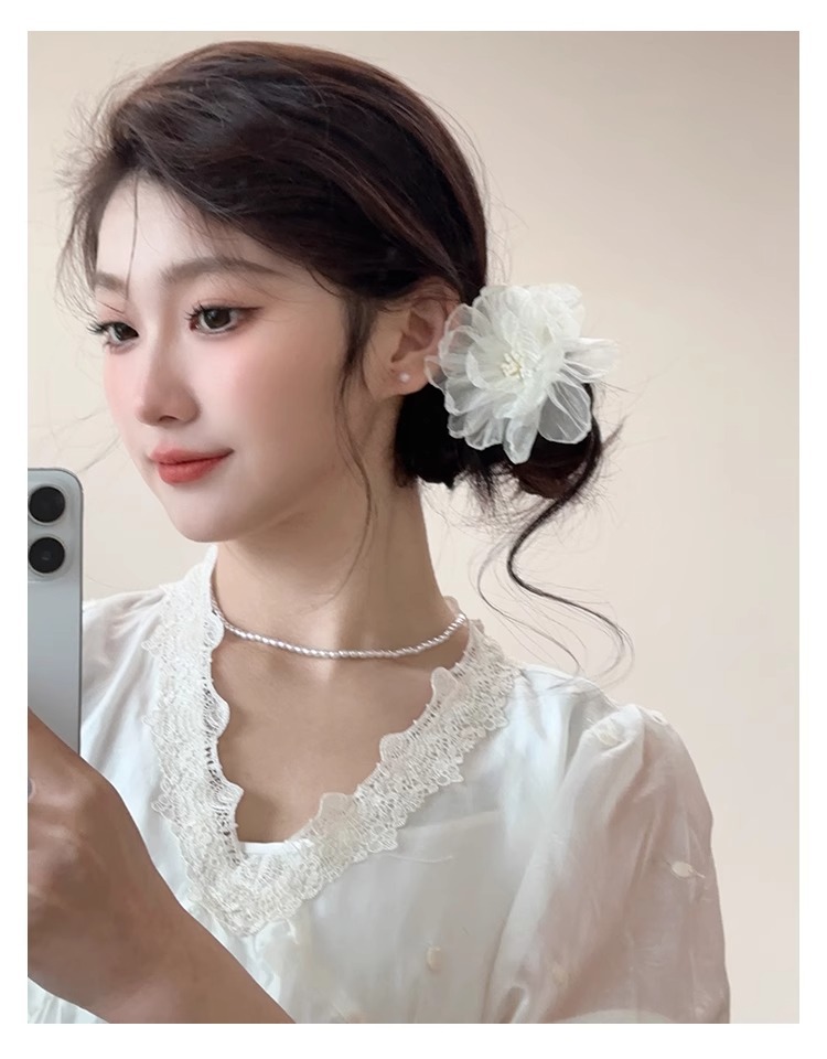 白月光欧根纱花朵发夹女侧边刘海夹纯欲风发卡碎发鸭嘴夹子头饰夏详情3
