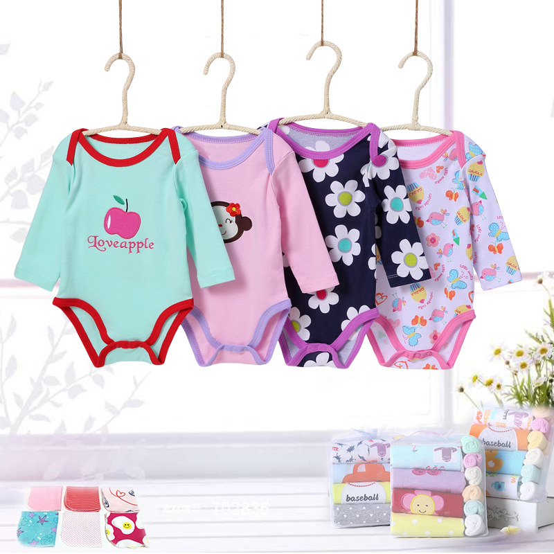 跨境批发婴儿服装男童女童欧美卡通宝宝长袖哈衣小方巾礼盒装详情2