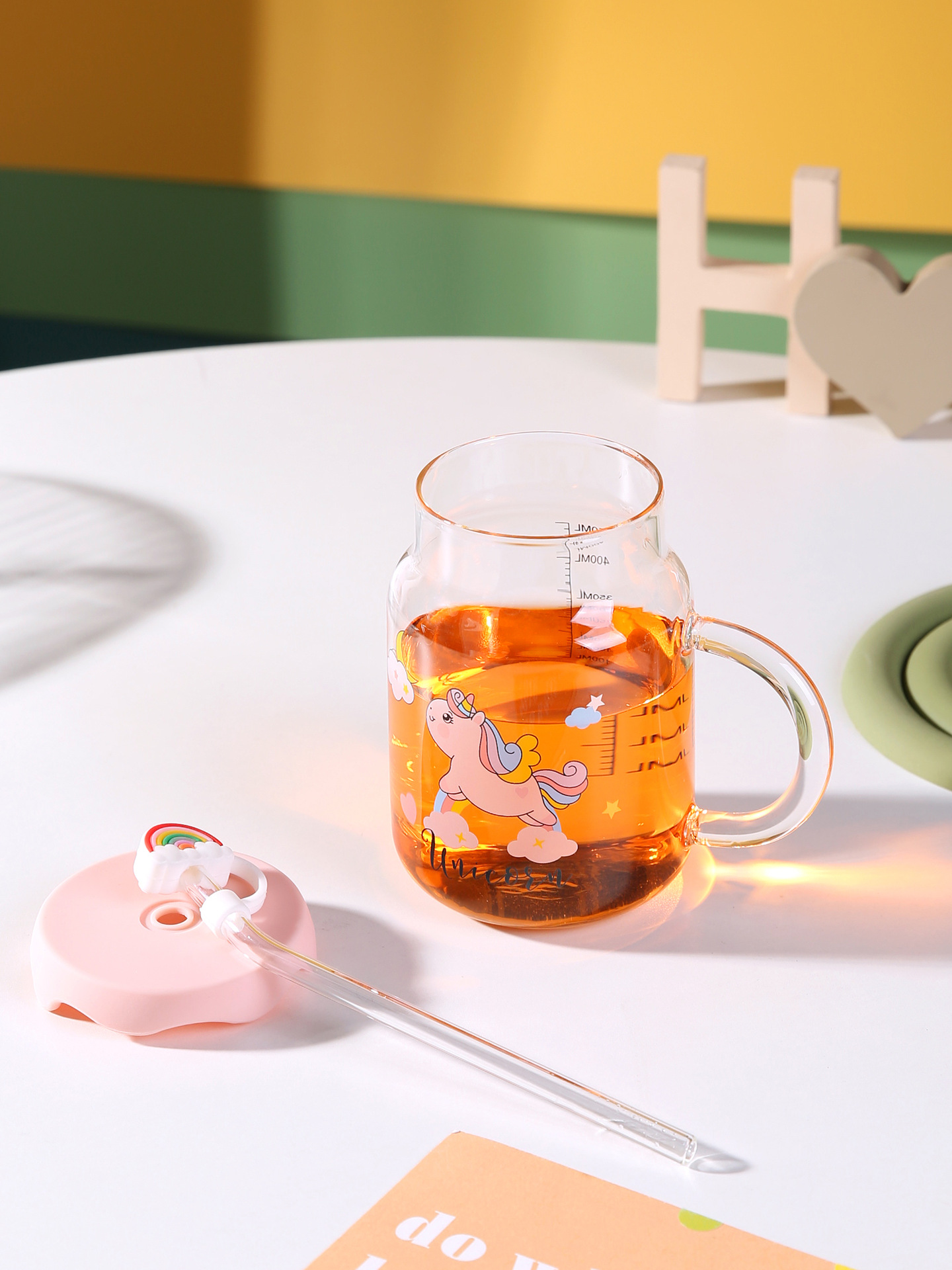 家用高颜值可爱卡通独角兽玻璃杯带盖带吸管女生办公室早餐牛奶杯详情8