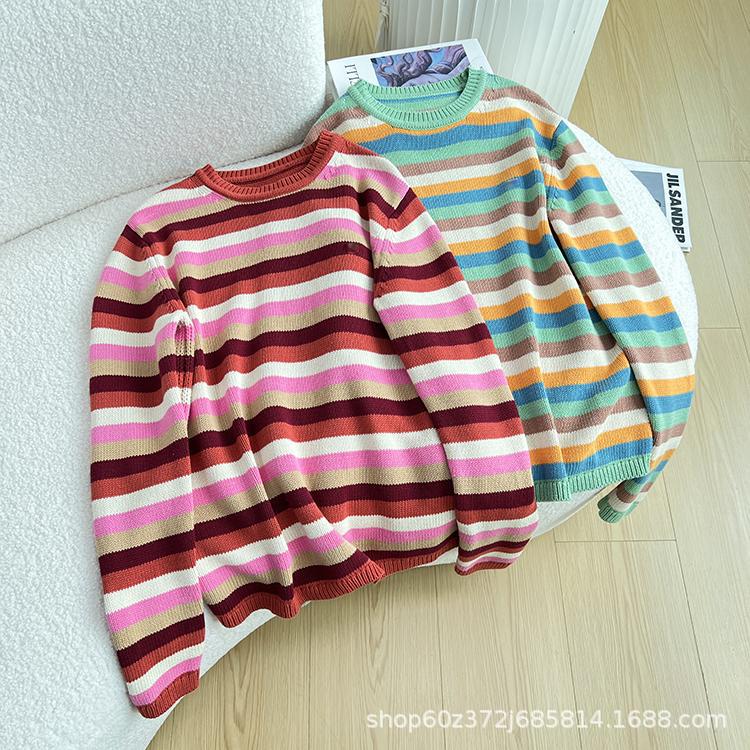 2024早秋新款北欧小众设计简约条纹拼接针织长袖百搭休闲套头毛衣详情10