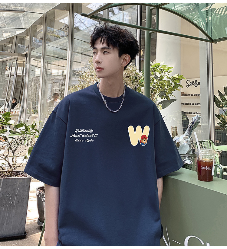 Camiseta de manga corta de estilo americano de algodón pesado hombre verano 2024 nuevo oso estampado estado de moda puerto estilo chico camiseta pic 16