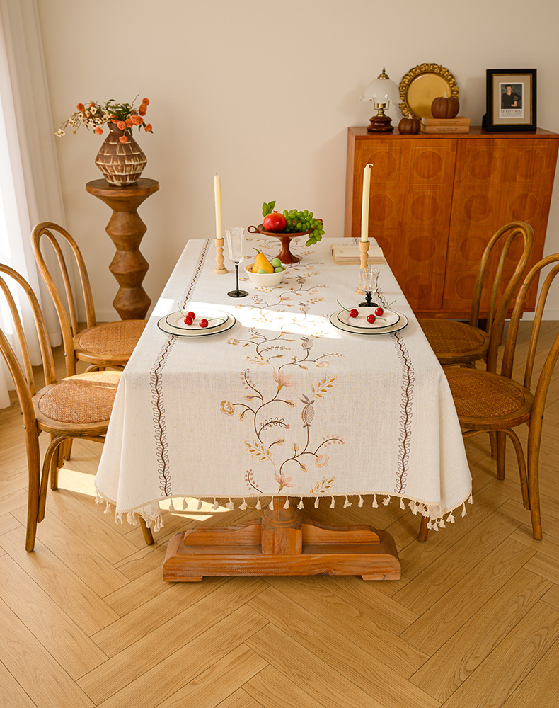 Youzhuo Nordic modern, simple, fashionable, creative, elegant and high-end cotton and linen fabric tablecloths, waterproof embroidered tablecloths, small floral coffee table fabrics, tassel cover fabrics, rectangular tablecloths pic 2