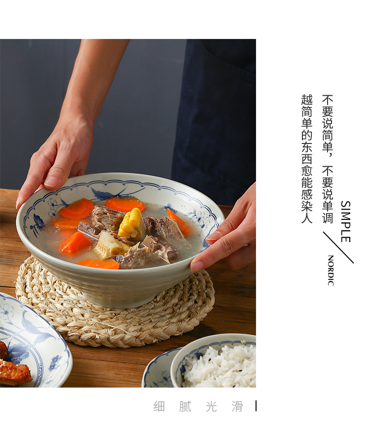Japanese retro-style ceramic tableware, home blue and white underglaze color creative plates, flat plates, and personalized salad bowls pic 7