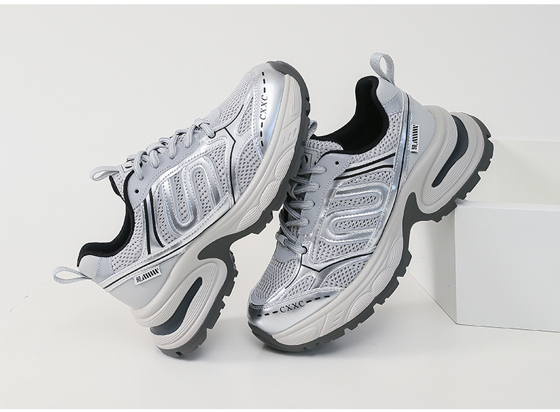 银色老爹鞋女百搭防滑2024夏季运动鞋子女红色透气轻便增高跑步鞋详情29