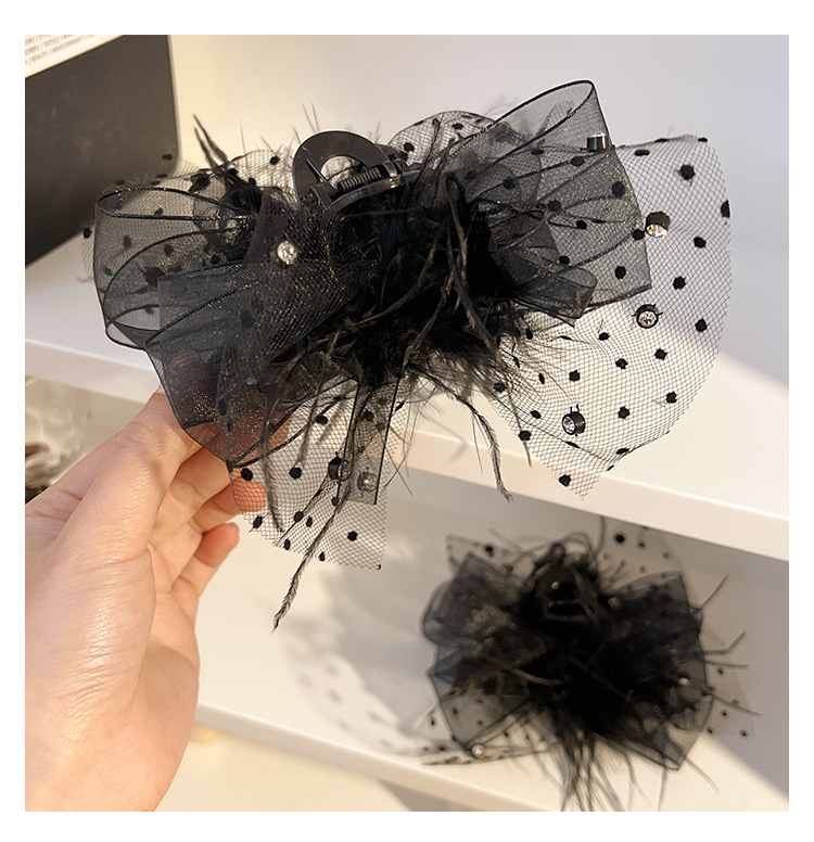 Summer new double-sided feather mesh bow clip, sequined princess on the run hair clip, black lace shark clip pic 17