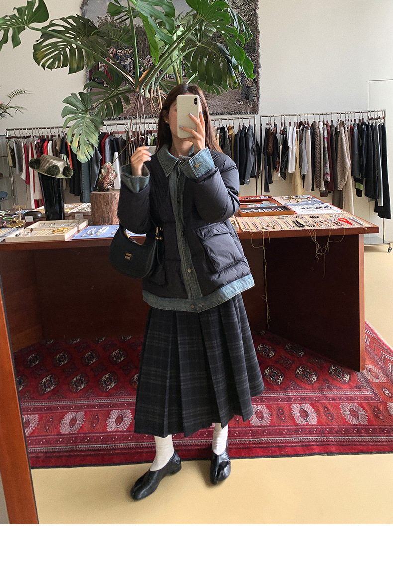 Qumeng DT CLASSIC Retro patchwork fake two-piece denim down jacket for women, 90 white duck down winter coat for women pic 12