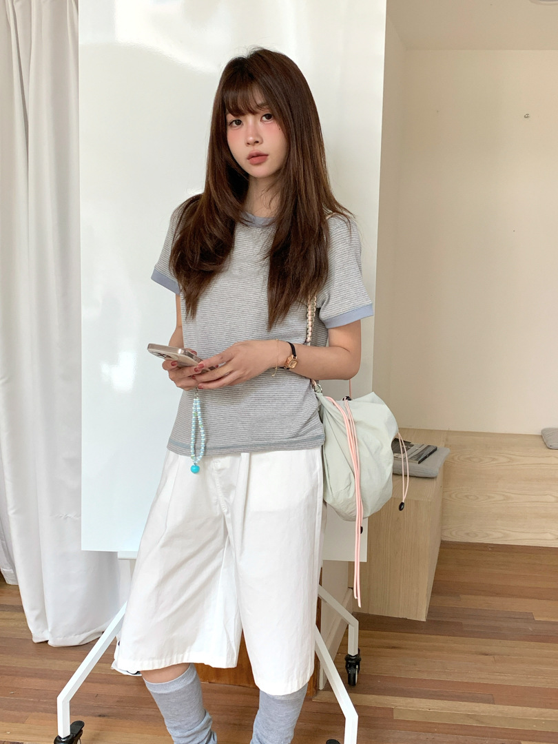 GAGD Oni T-shirt ~ Small design contrasting color border striped short-sleeved T-shirt for women, Korean-style off-the-shoulder short T-shirt top pic 15