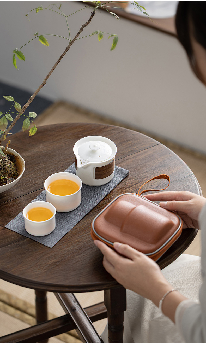 羊脂玉白瓷竹圈防烫快客杯 旅行茶具套装户外陶瓷木盖一壶二杯元宝旅行茶具详情4