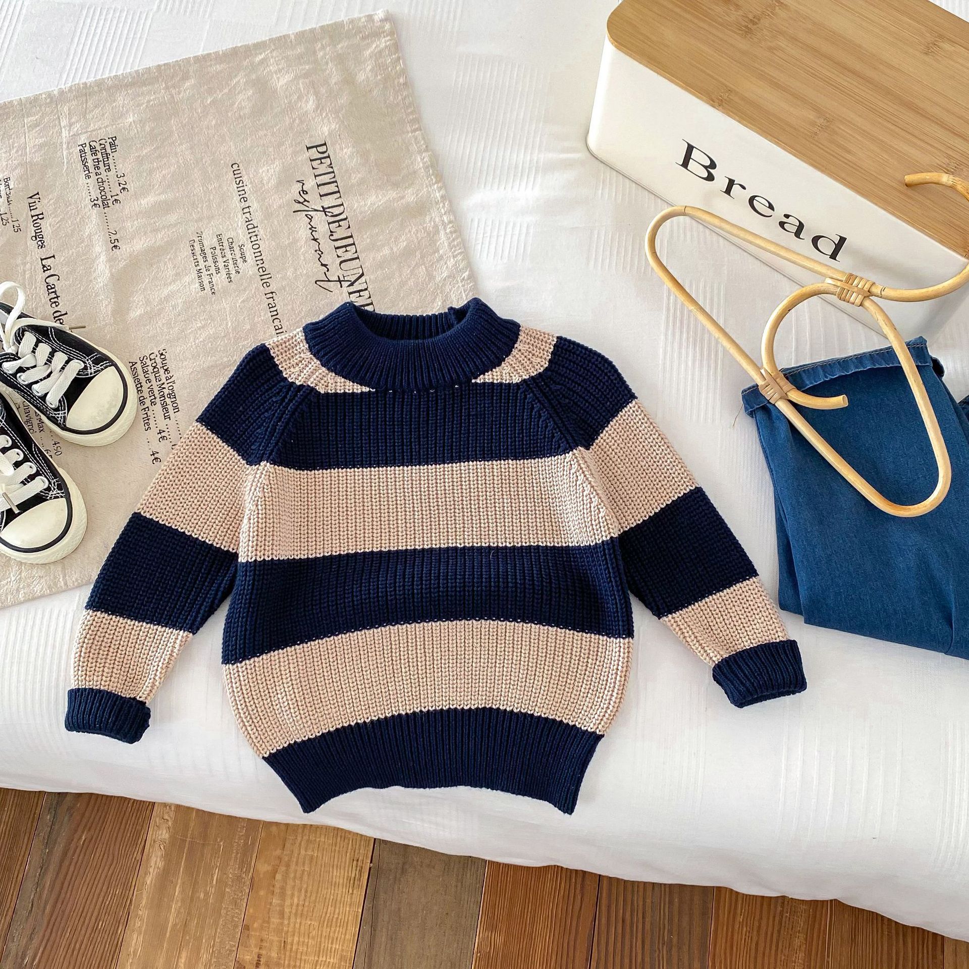 中小童2024秋季新款男女童韩版拼色针织套头上衣半高领内外穿毛衣详情20