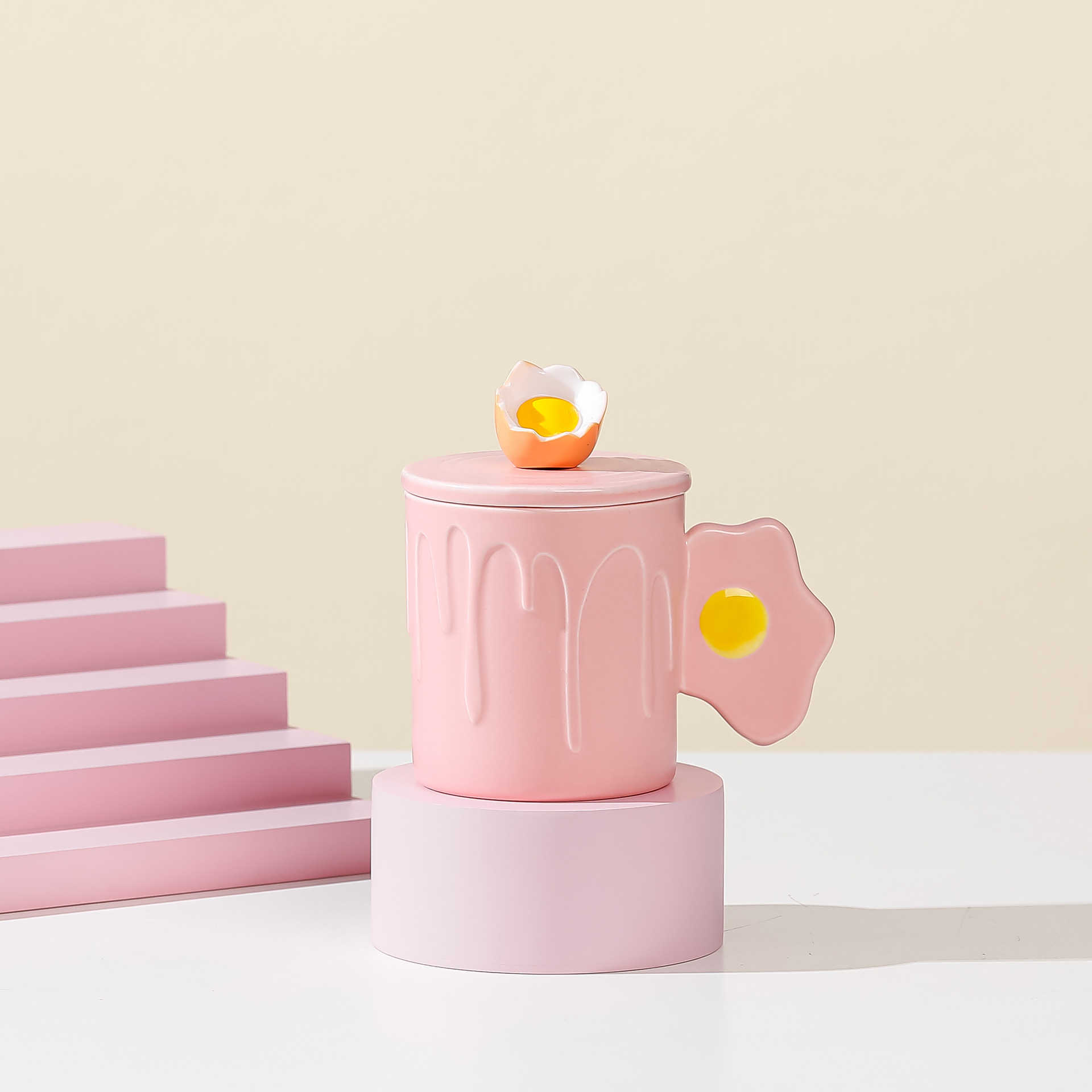 Home student ins cute cartoon macaron-colored ceramic Morandi egg mark drinking cup with lid and spoon pic 5