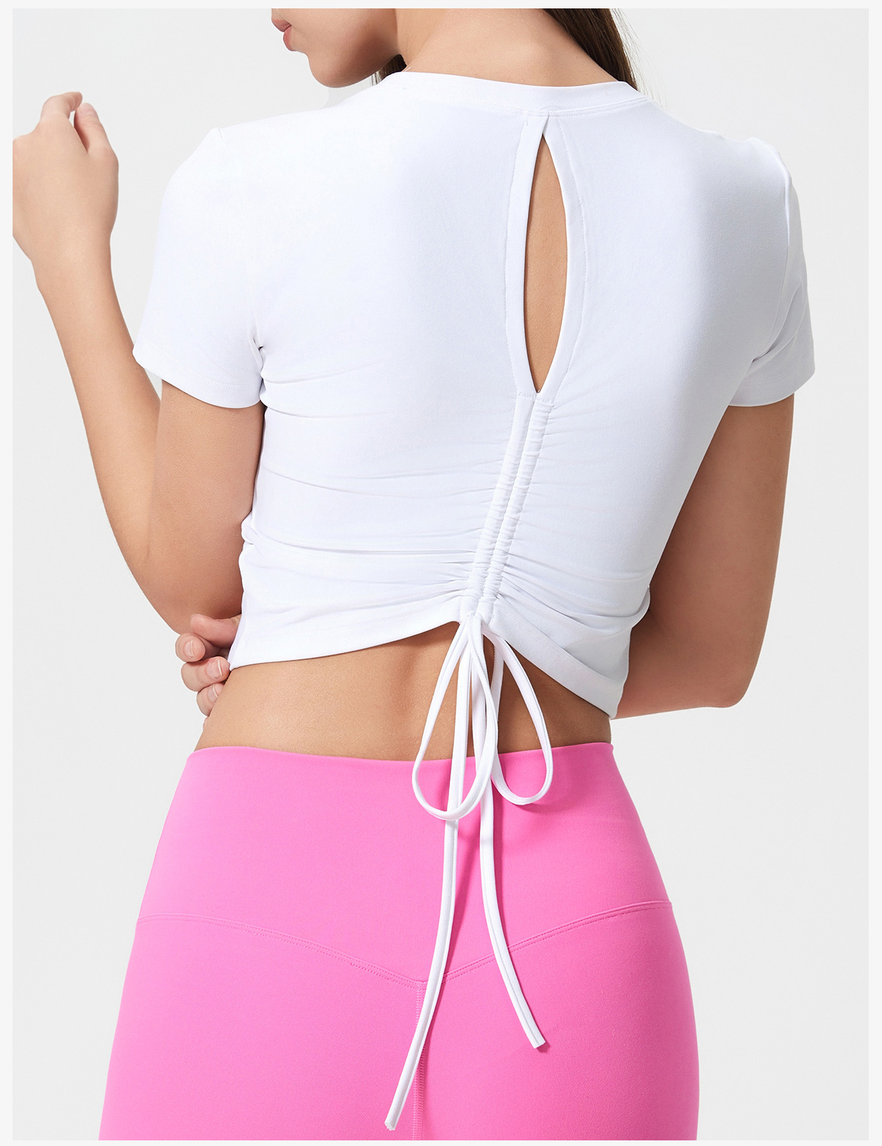 裸感亲肤健身t恤女短款百搭抽绳运动上衣固定杯瑜伽短袖D25061详情20