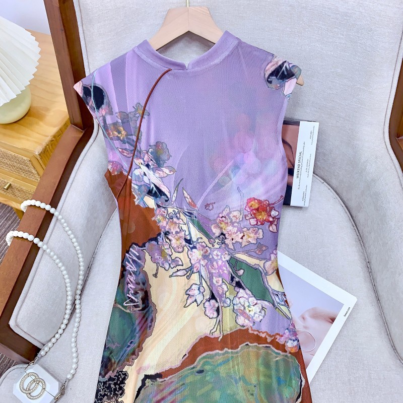 现货OfAki新中式前后两穿撞色旗袍连衣裙女印花鱼尾背心裙详情25