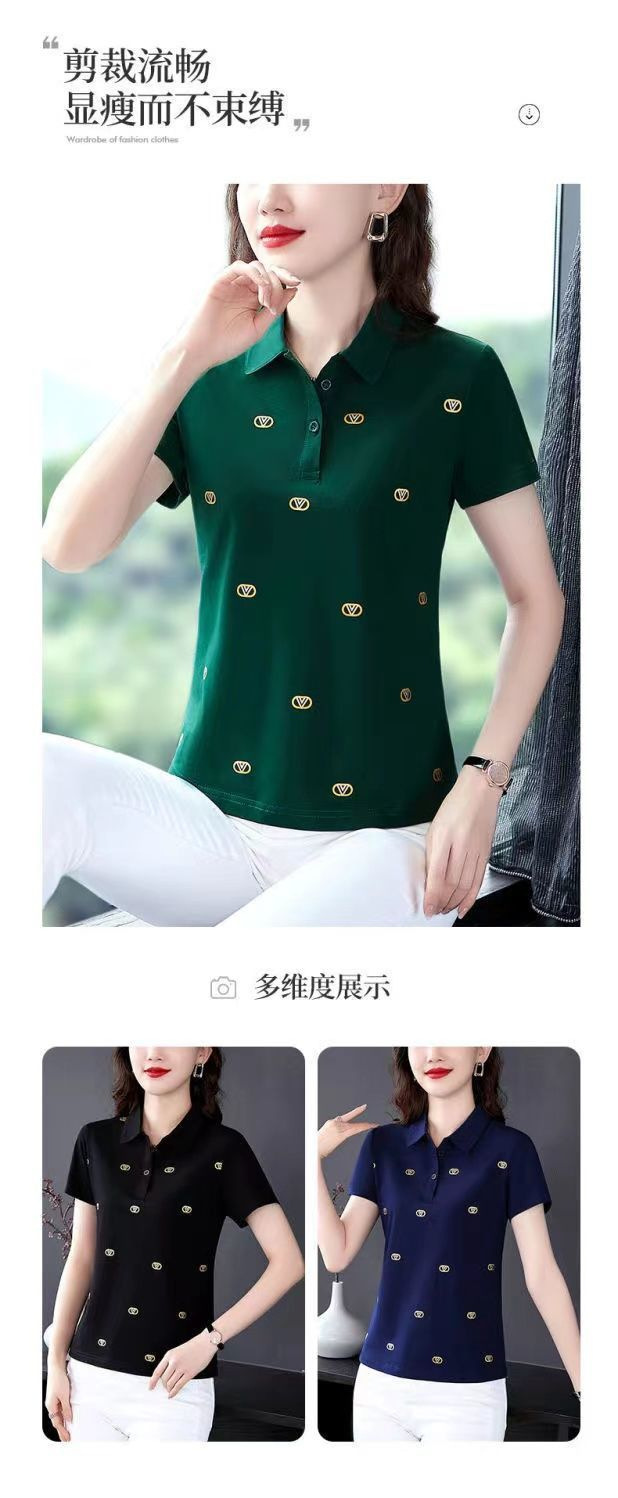 跨境翻领休闲短袖t恤女士夏新款polo衫减龄妈妈高档宽松显瘦体恤详情2