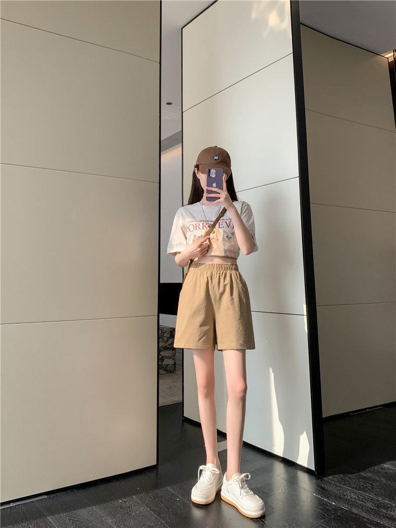 松紧高腰阔腿裤春夏日系百搭宽松显瘦休闲卡其色水洗棉短裤女夏季详情6