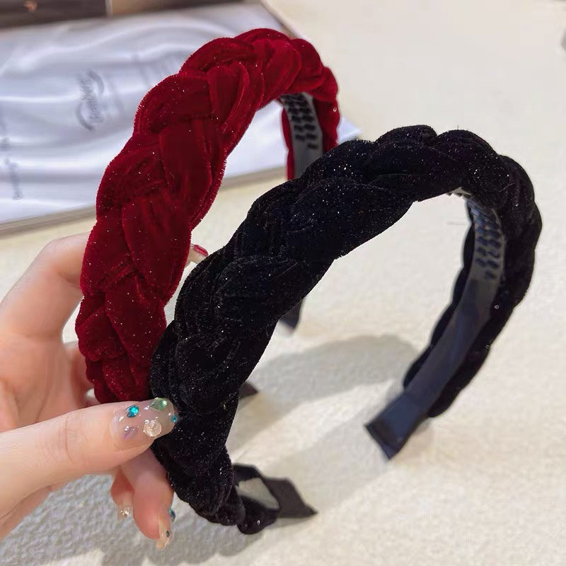 麻花手工编织发箍韩国复古金丝绒发卡高颅顶发窟带齿防滑简约气质详情1