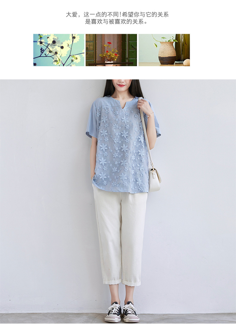 2022夏季新款速卖通欧美女装蕾丝刺绣短袖衬衫宽松女士上衣T恤详情16