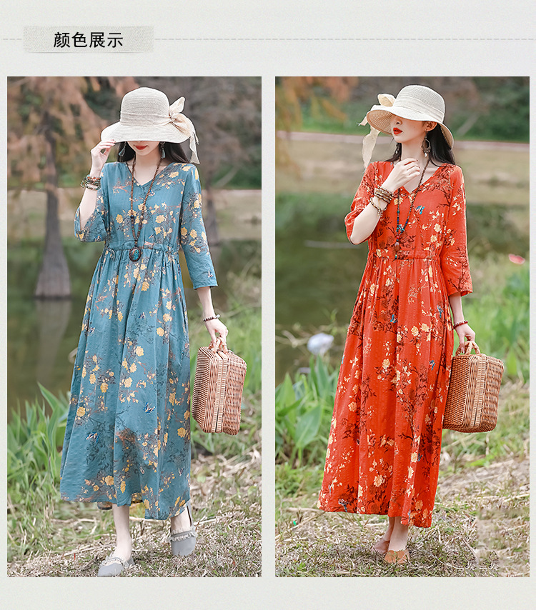 2024夏季新款中年妈妈复古文艺印花棉麻收腰连衣裙宽松大摆长裙女详情10