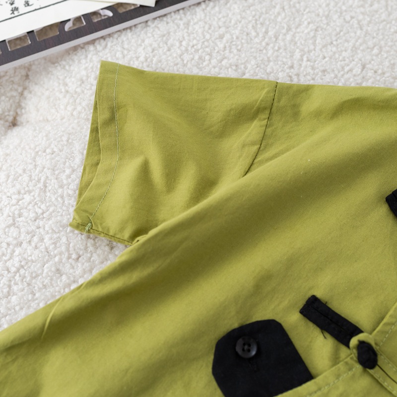 儿童熊猫衬衫短袖短裤两件国风休闲男童潮帅汉服套装班服批发工厂详情10