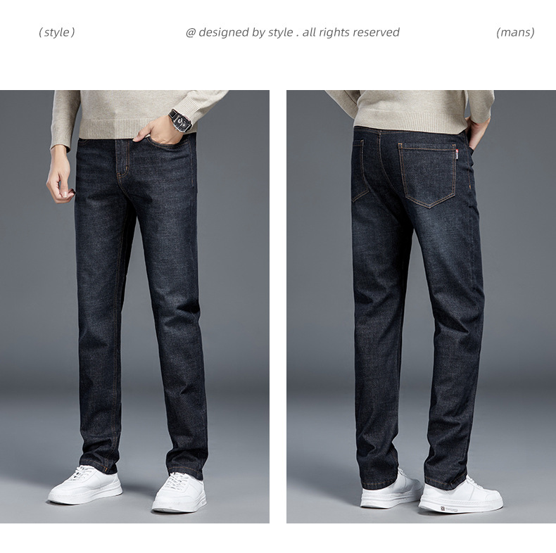 Fleece jeans for men in winter, mid-waist no-iron casual pants, warm thickened stretch straight-leg pants for men pic 11