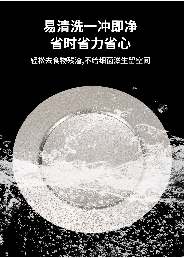 Retro stainless steel round plates with embossed texture, aged steak plates, coffee shop shallow plates, bone plates, snack plates, camping tableware, barbecue stand plates, trays, stainless steel plates, fruit plates, dessert plates, tableware pic 10