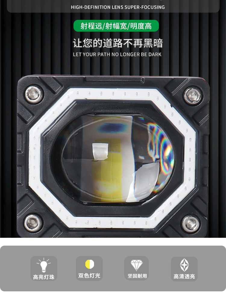 led车灯跨境摩托车方形灯天使眼蓝光圈改装前照灯远近光透镜车灯详情11