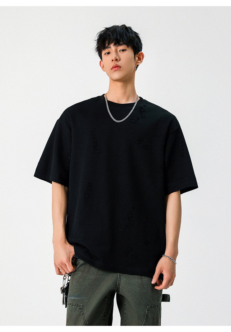 质感肌理不规则破洞短袖T恤男女夏季新款潮牌宽松情侣半袖体恤衫详情16