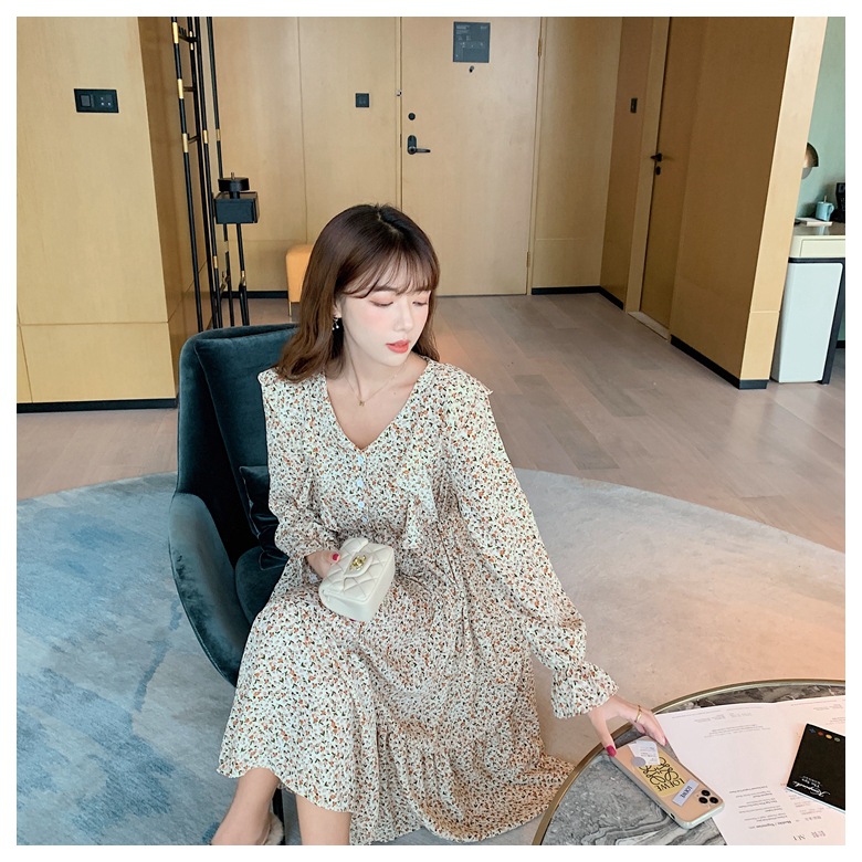 2023春款时髦韩版女装小V领好看的长袖碎花雪纺连衣裙女详情20
