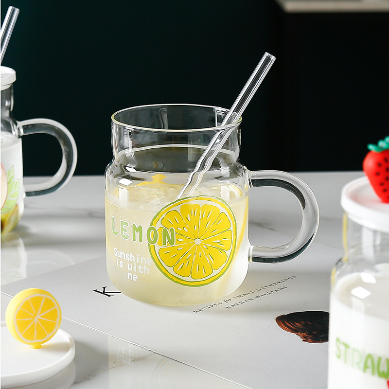 Creative large-capacity fruit glass water cup, cute in summer, high appearance level, covered straw, home drinking cup pic 5