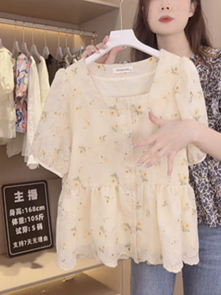 夏季新款方领碎花短袖衬衫女设计感小众洋气百搭泡泡袖别致上衣详情20