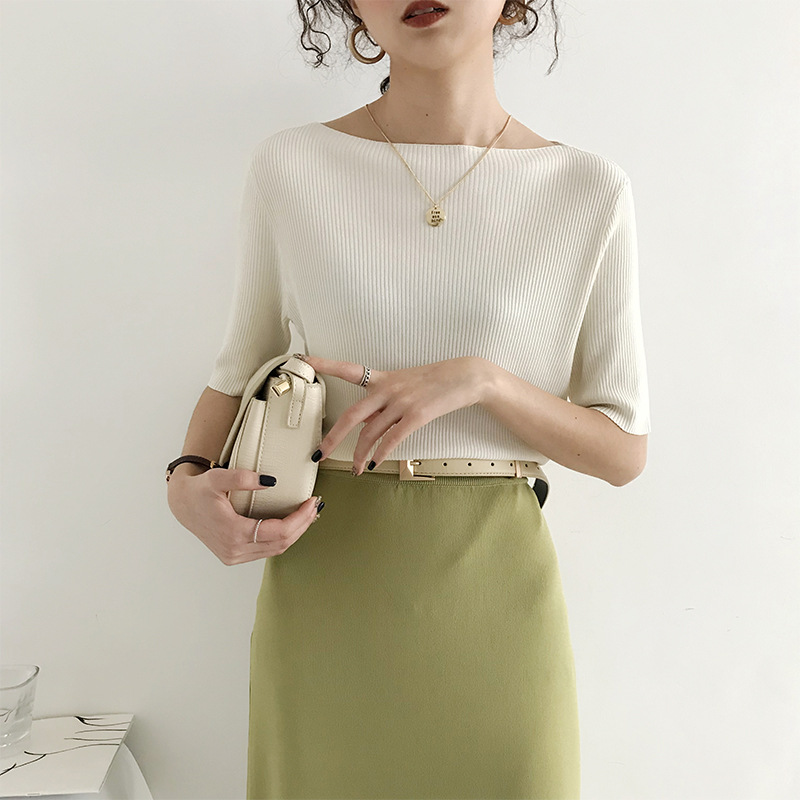 2021春秋新款百搭宽松一字领冰丝内搭针织上衣中袖T恤详情5