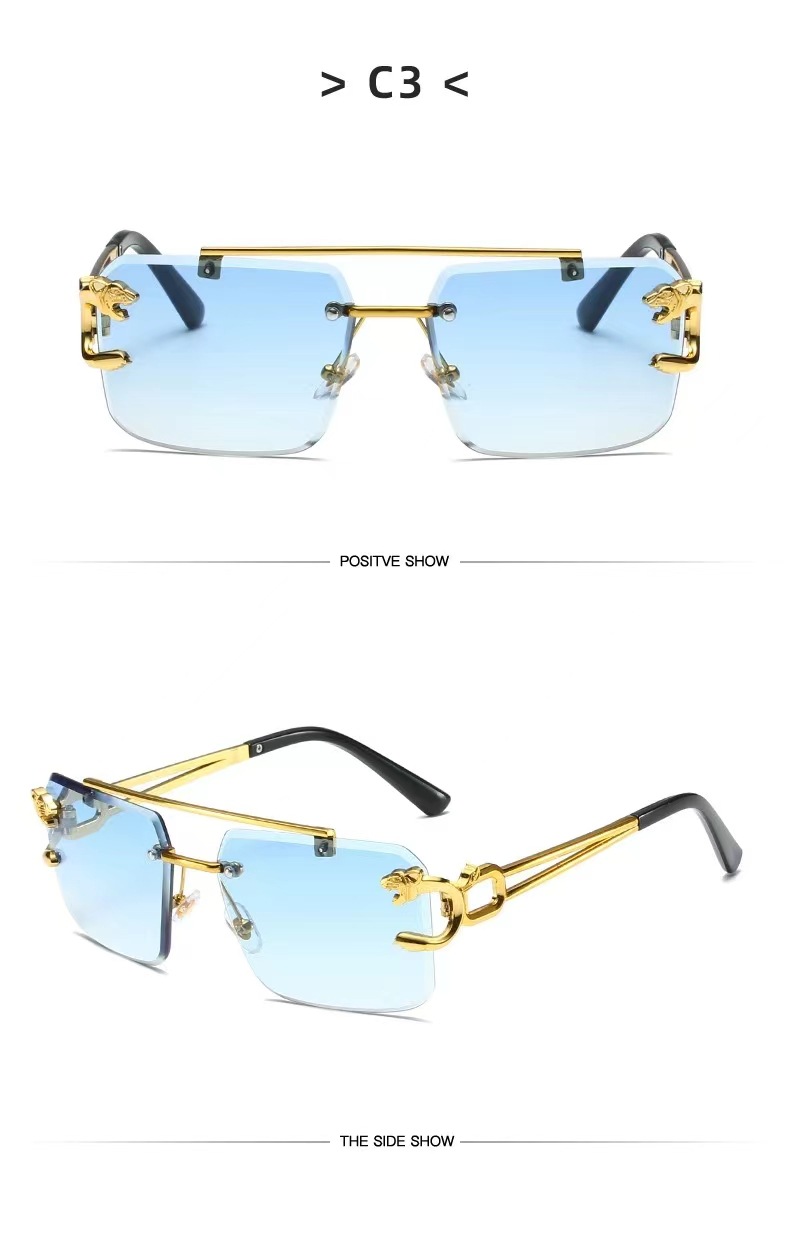 Crossover sin marco gafas de sol cabeza de leopardo moda corte de borde gafas de sol hombre temperamento mujer tendencia europea y americana influencers street raqueta gafas pic 8