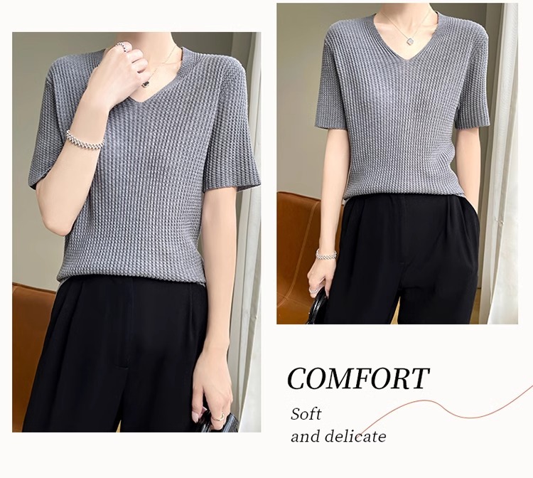 Tencel wool short-sleeved women's V-neck pullover pleated T-shirt with texture, thin knitted T-shirt, half-sleeved inner layer top pic 23