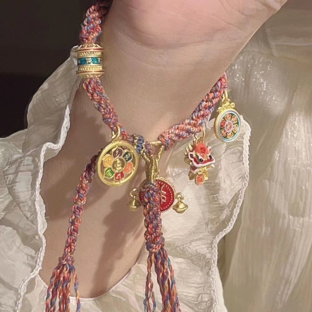 新款藏式手链 网红爆款六字手串纯手工编织diy手绳手搓棉线流苏详情2