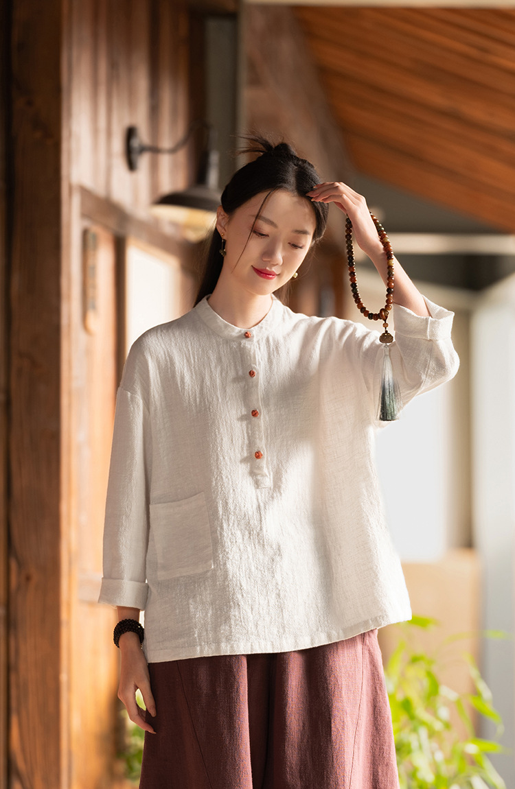 2024春夏棉麻女装新品亚麻立领拼色盘扣套头大码上衣女式棉麻衬衫详情37