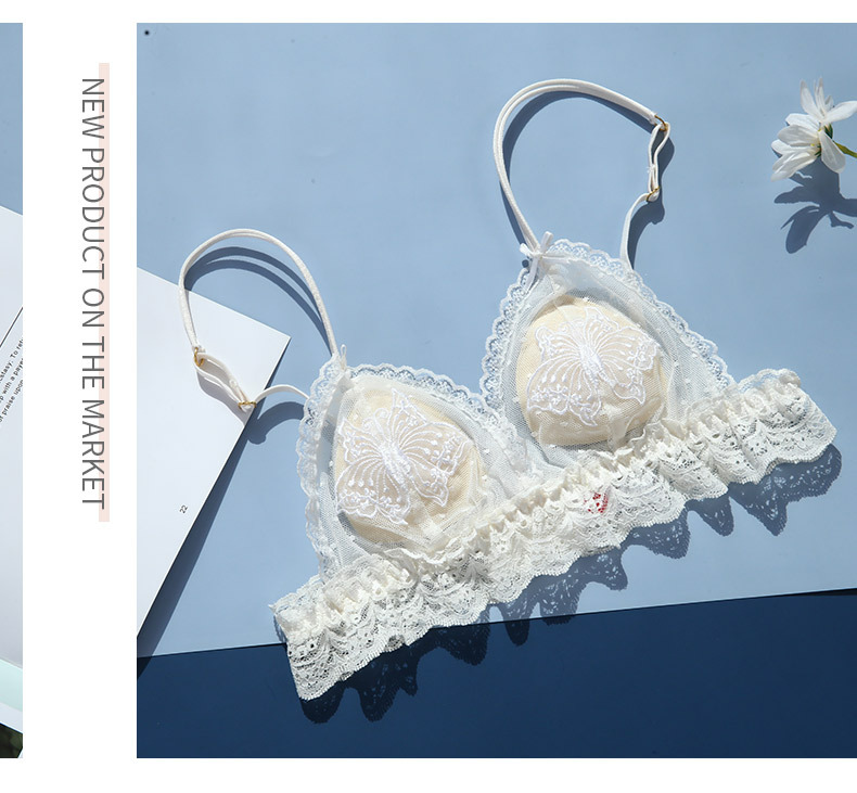 Soft and cute style, soft bra, sweet lace mesh, butterfly embroidery underwear, anti-protruding triangular cup bra set pic 12