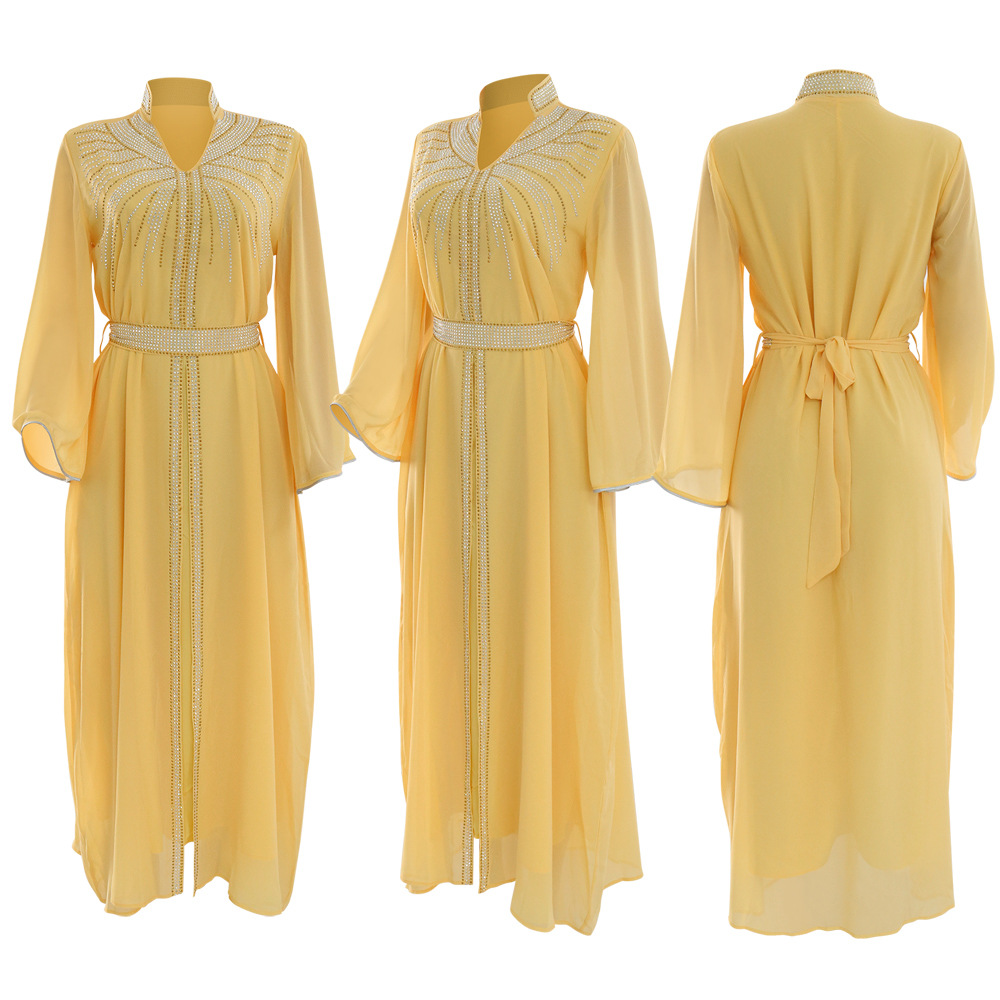 XQY500090 Foreign trade Arab robe, Middle East kaftan fashion Hot diamond belted chiffon dress pic 46