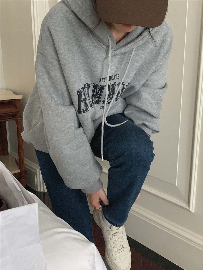 Letter-printed pullover with fleece hooded sweatshirt for women 2023 autumn/Winter new style Korean loose and versatile long-sleeved top pic 70