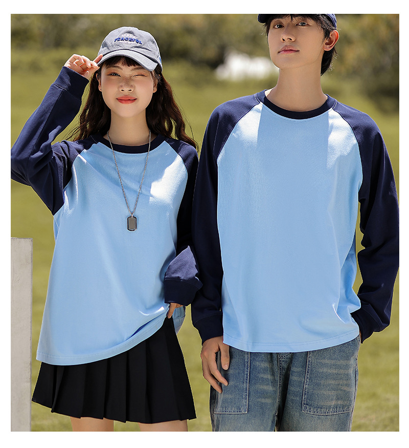 A 250-gram pure cotton off-the-shoulder threaded cuff round-neck long-sleeved T-shirt for women, featuring a loose, color-blocked base layer pic 19