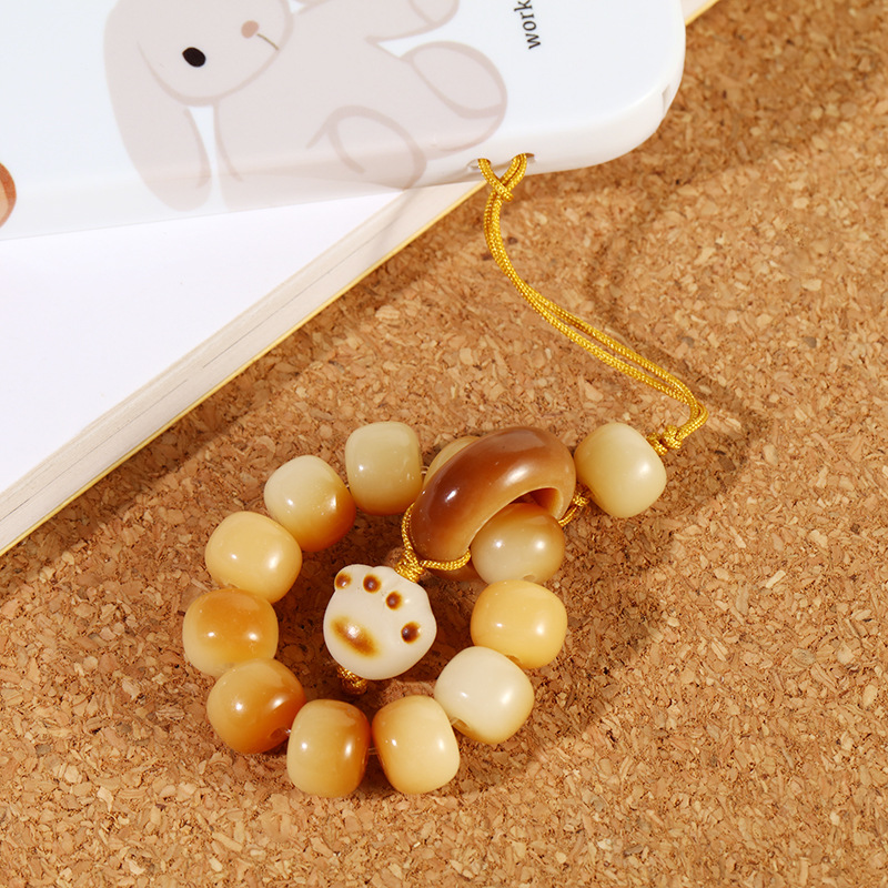 White jade Bodhi root multi-treasure prayer beads mobile phone chain, retro olive ring pendant, anti-loss creative car bag pendant pic 15