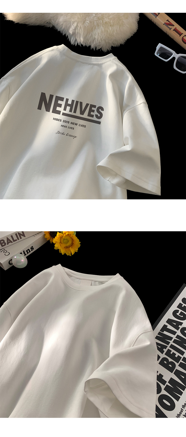 Letter-printed pure cotton heavy-duty short-sleeved T-shirt for men, summer trendy brand ins half-sleeved base layer, Hong Kong-style loose T-shirt pic 3