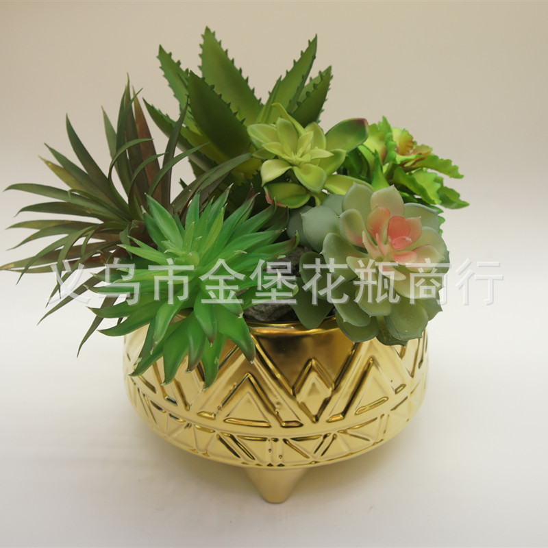 现代家具装饰陶瓷金色花盆    仿真多肉花盆详情9