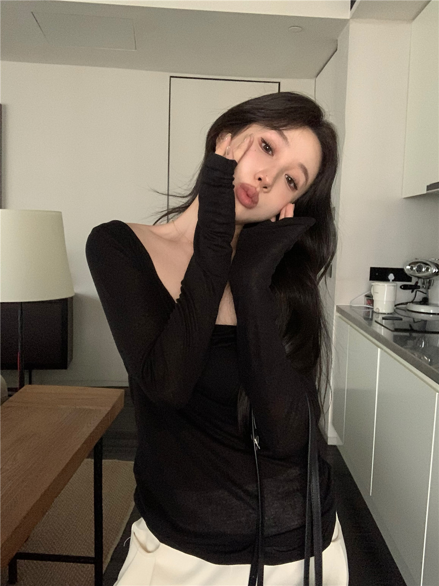 基础款纯色简约百搭舒适慵懒风薄款上衣U领打底衫内搭长袖t恤女详情24